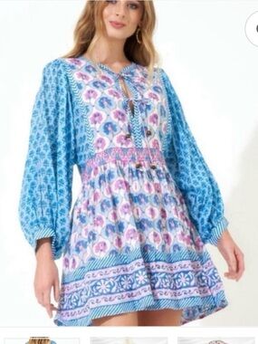 Oliphant Women’s 🌹Blue Floral Print Dress with Puff Sleeves